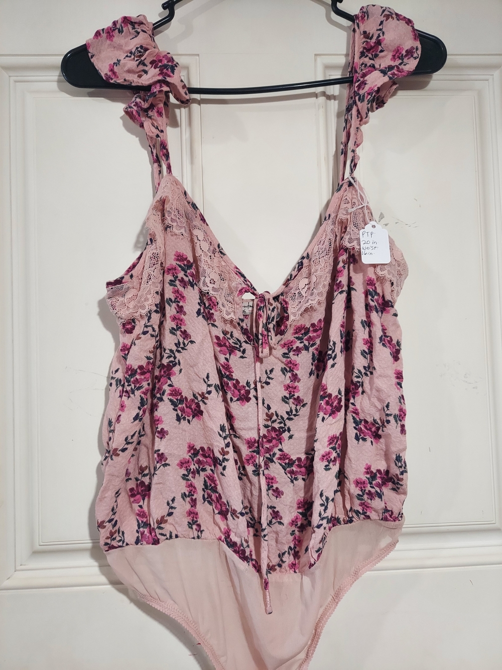 Free People Pink Floral Lace-Trim Bodysuit